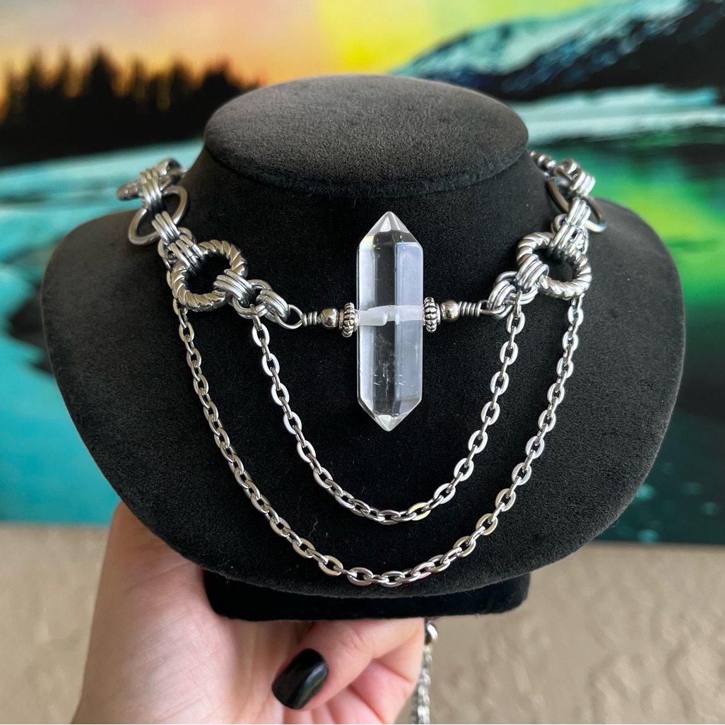 Handmade Maille Choker Necklace Genuine Crystal Quartz Stainless Steel Chain 65$